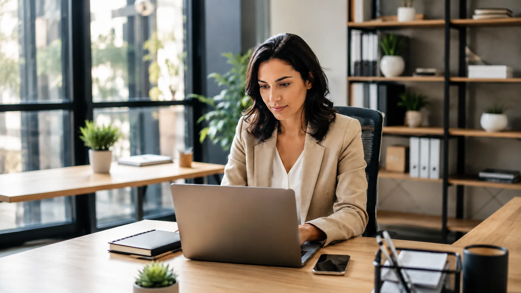 Marketing coordinator reviewing structured content strategy on her laptop to earn AI citations