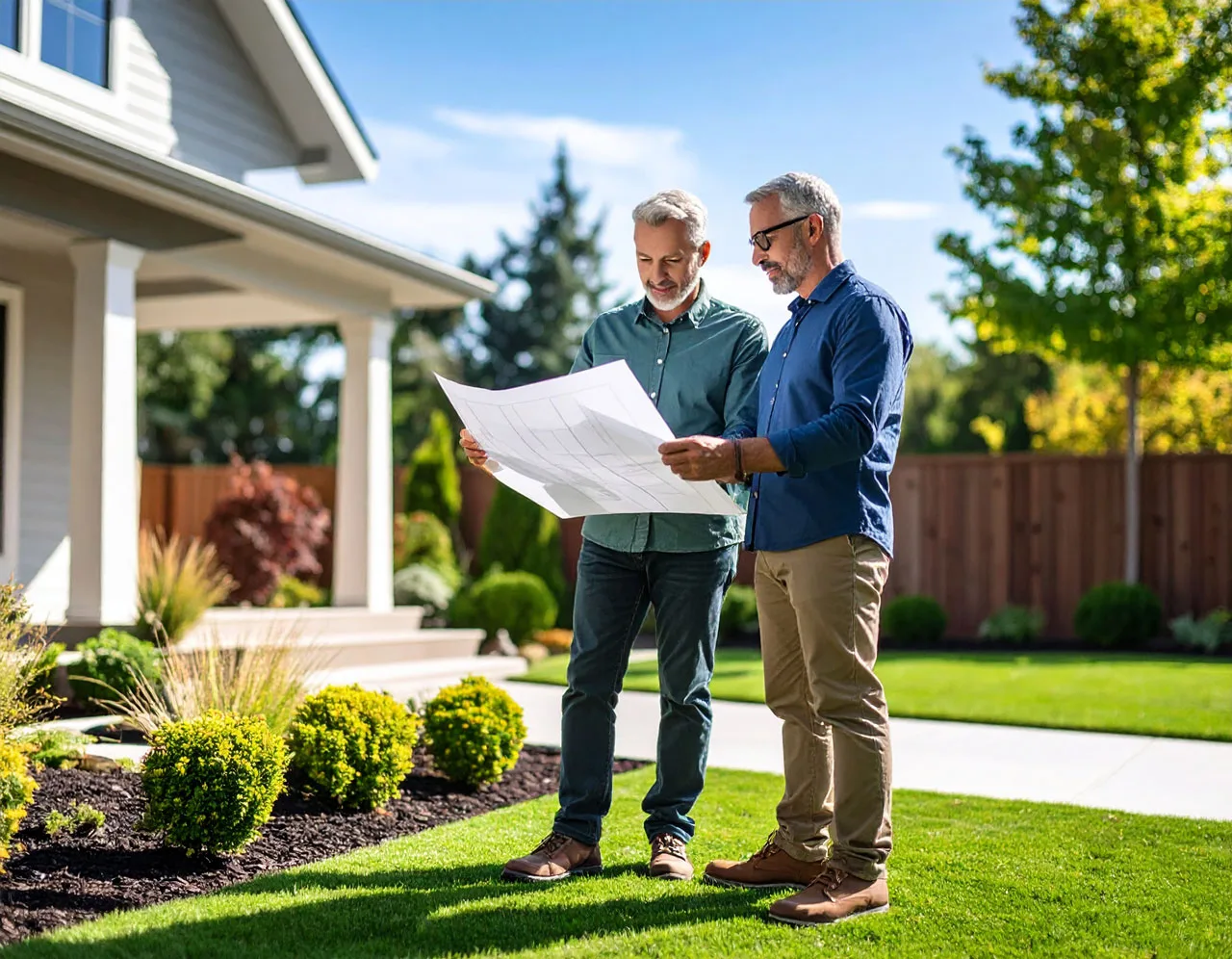 Two contractors reviewing a project plan in a well-landscaped front yard