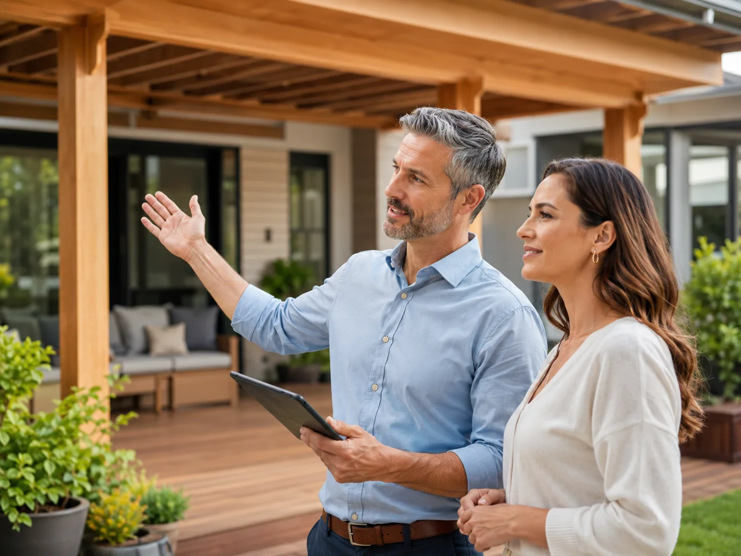 Outdoor structure contractor walking a homeowner through a covered deck project