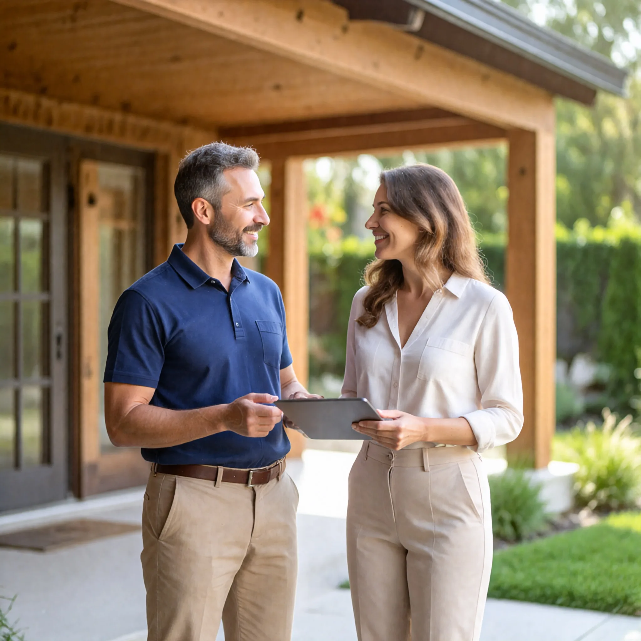 Outdoor structure contractor reviewing a covered porch project with a homeowner
