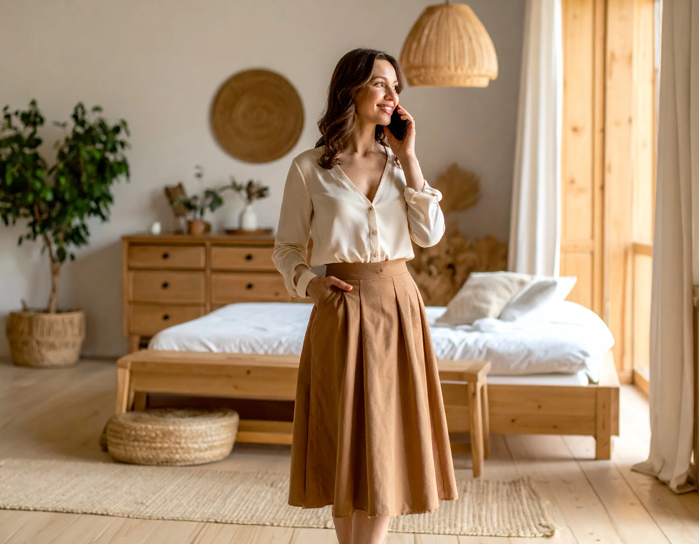Homeowner taking a contractor follow-up call from her bedroom