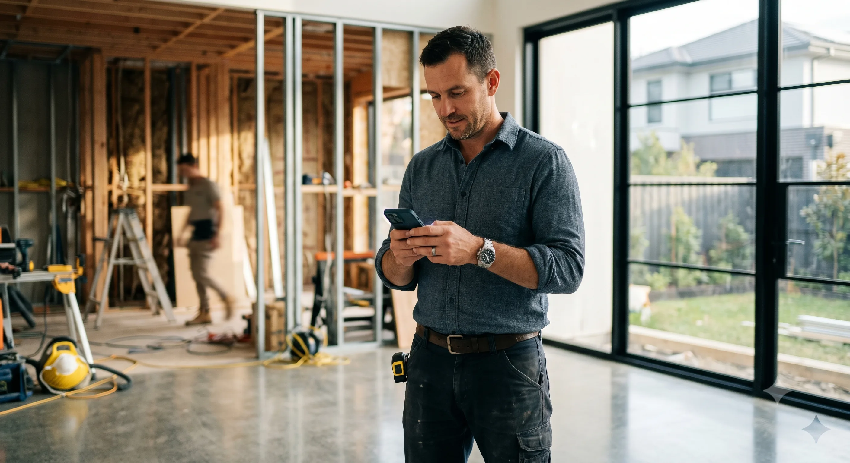 Contractor checking a phone notification at an active home renovation job site