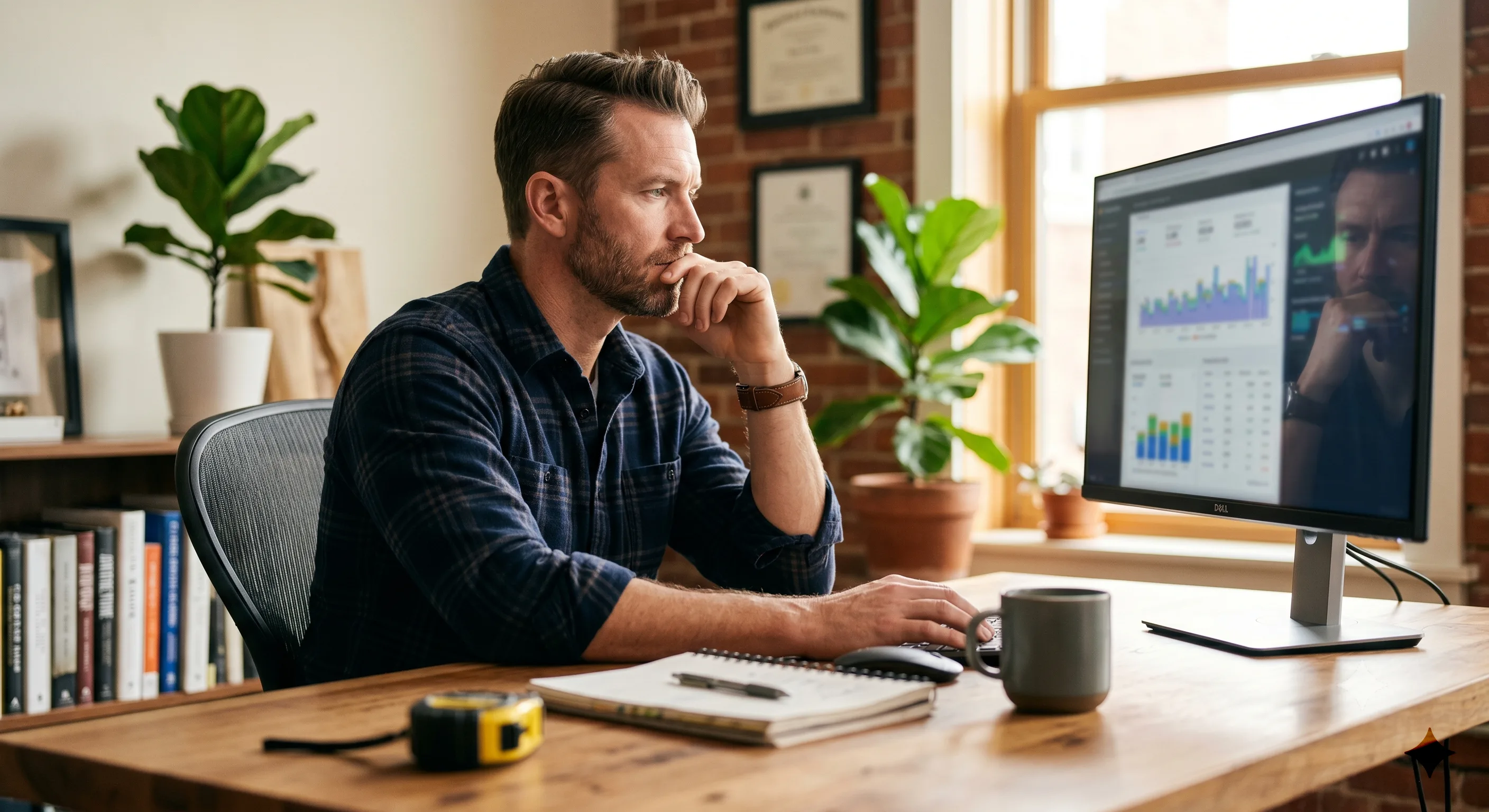 Contractor reviewing ad analytics on a large monitor