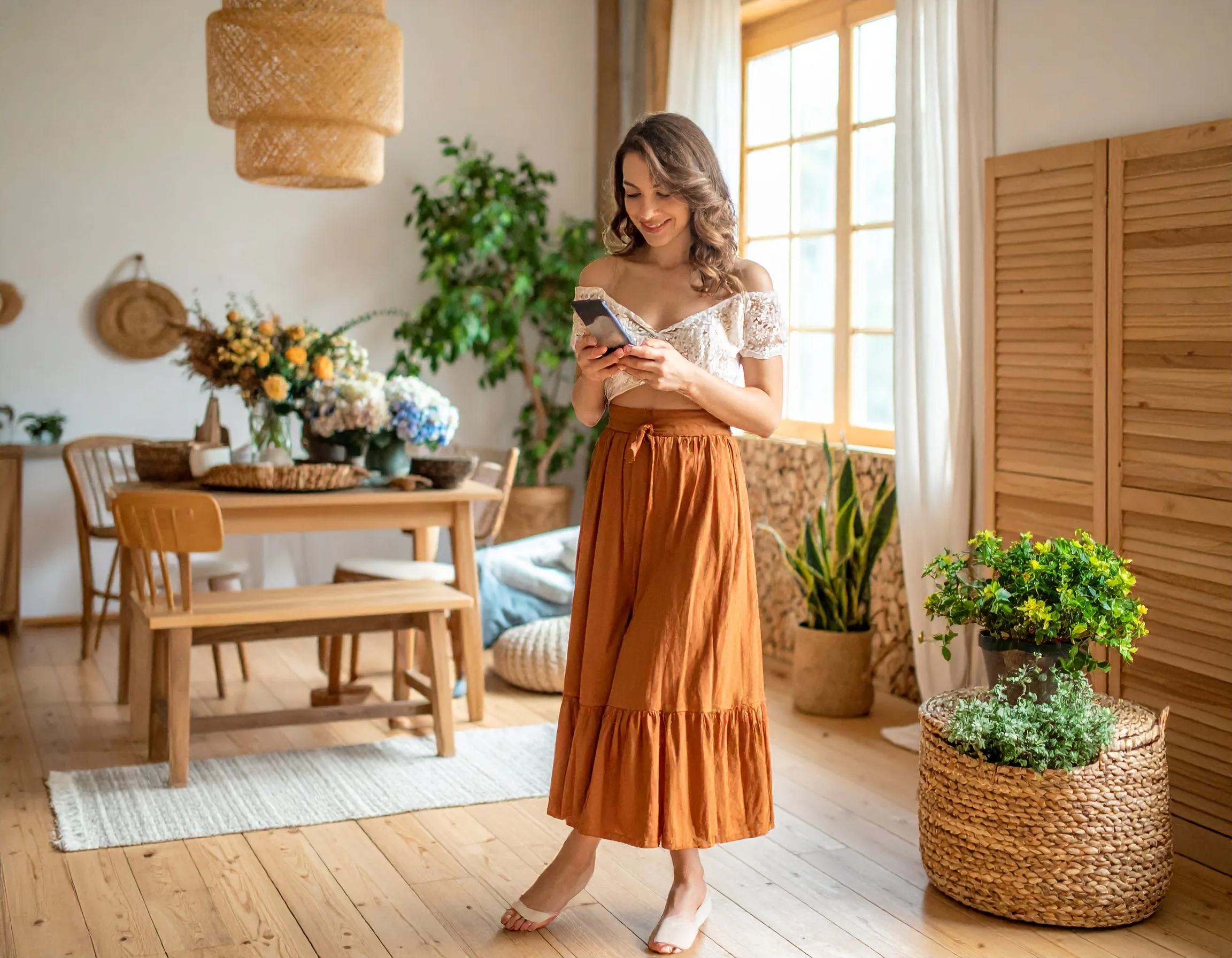 Homeowner sitting in her living room quietly browsing her phone between contractor conversations