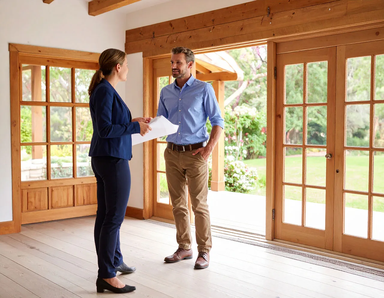 Contractor walking a homeowner through a lead generation strategy in a premium home