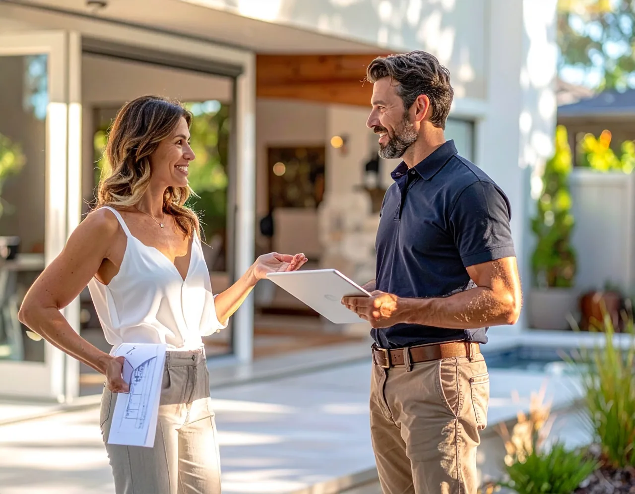 Contractor and homeowner reviewing project data outside a premium home with a pool