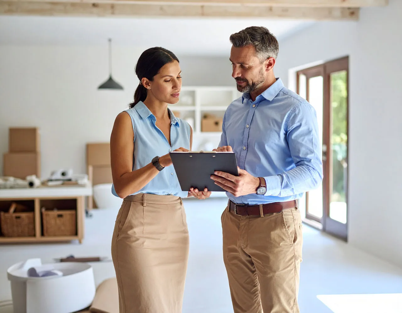 Contractor and homeowner reviewing details inside a renovation