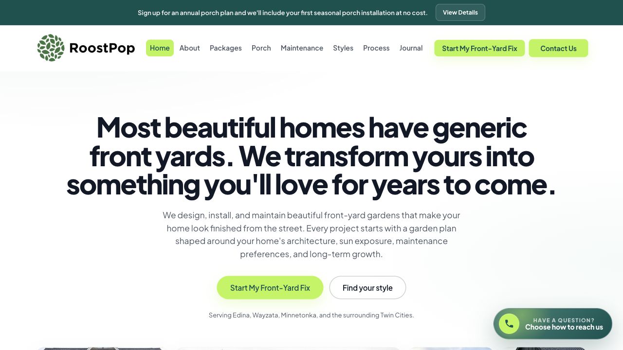 RoostPop homepage showing fixed-price front-yard transformation offers and clear calls to action