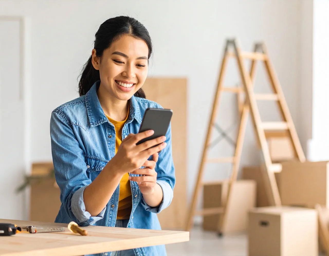 Homeowner on her phone researching contractors inside her renovation space