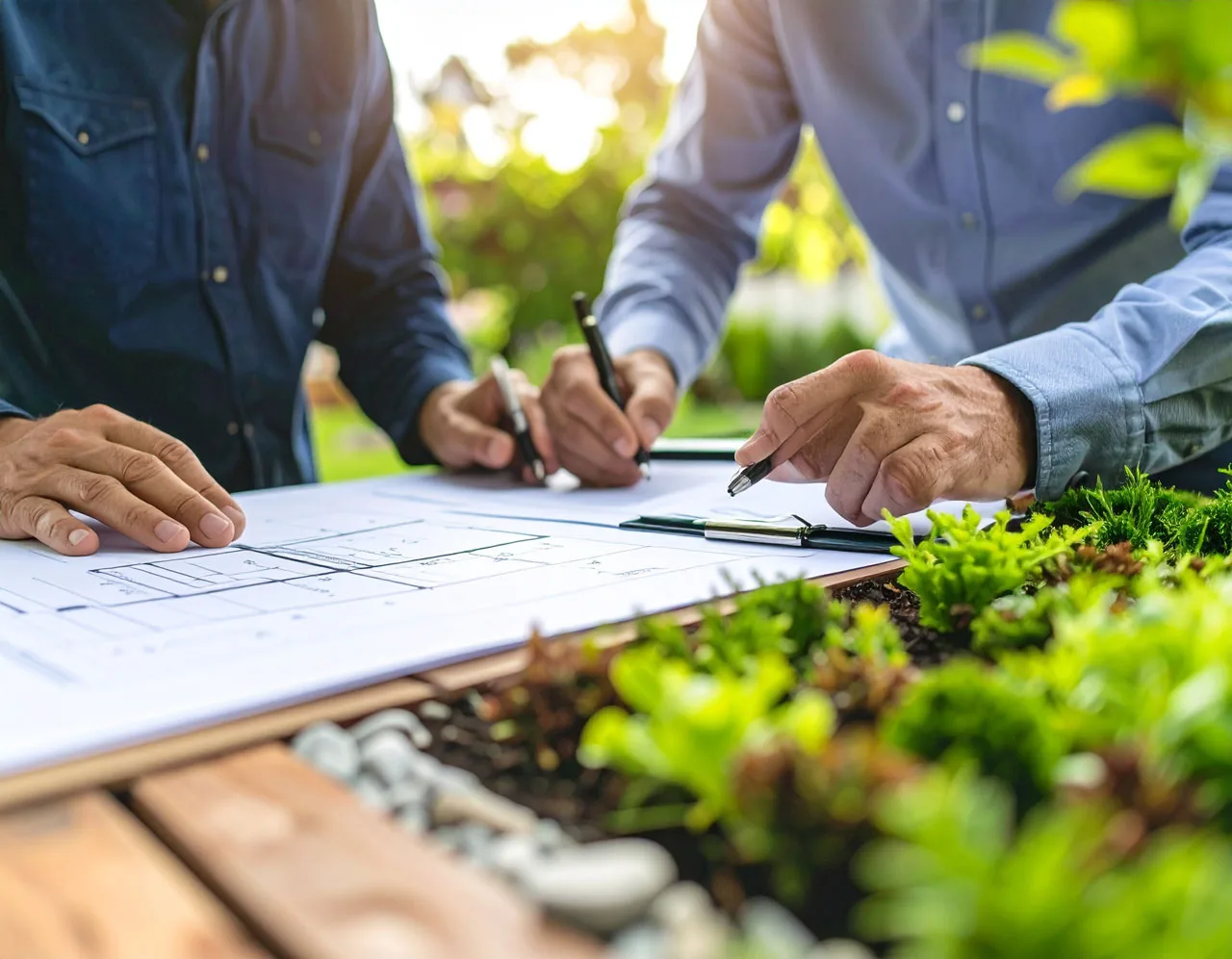 Two landscapers reviewing their lead generation plan outdoors