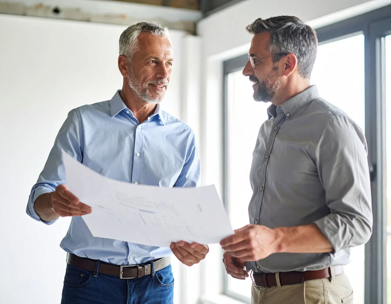 Contractors reviewing lead intelligence data together
